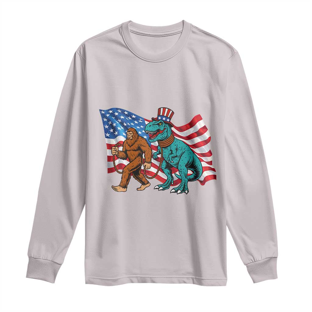 Funny Patriotic Long Sleeve Shirt Bigfoot Walking Dinosaur With USA Flag - Wonder Print Shop