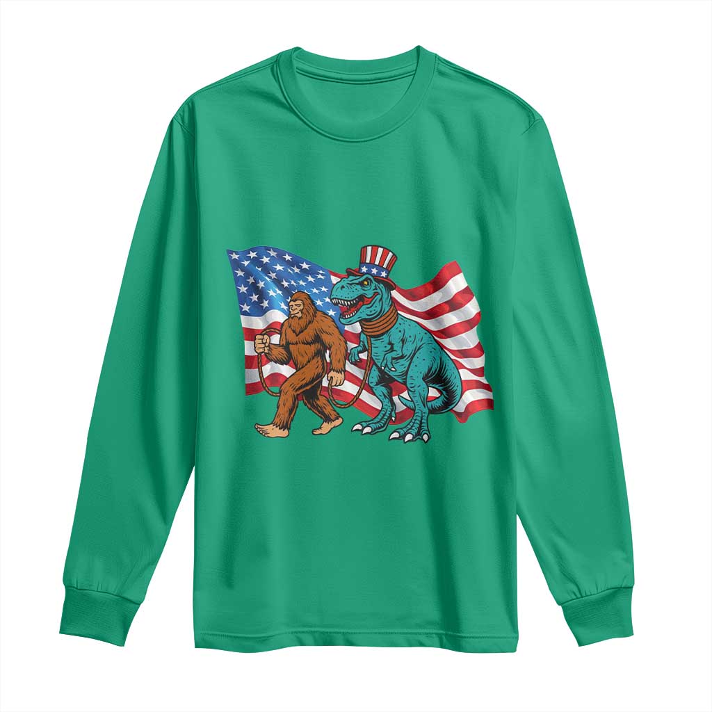 Funny Patriotic Long Sleeve Shirt Bigfoot Walking Dinosaur With USA Flag - Wonder Print Shop