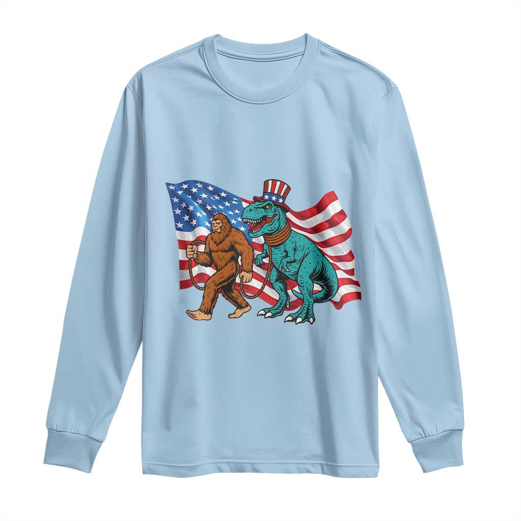 Funny Patriotic Long Sleeve Shirt Bigfoot Walking Dinosaur With USA Flag - Wonder Print Shop