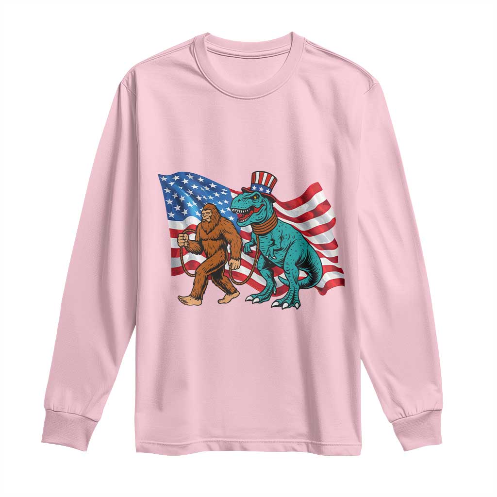 Funny Patriotic Long Sleeve Shirt Bigfoot Walking Dinosaur With USA Flag - Wonder Print Shop