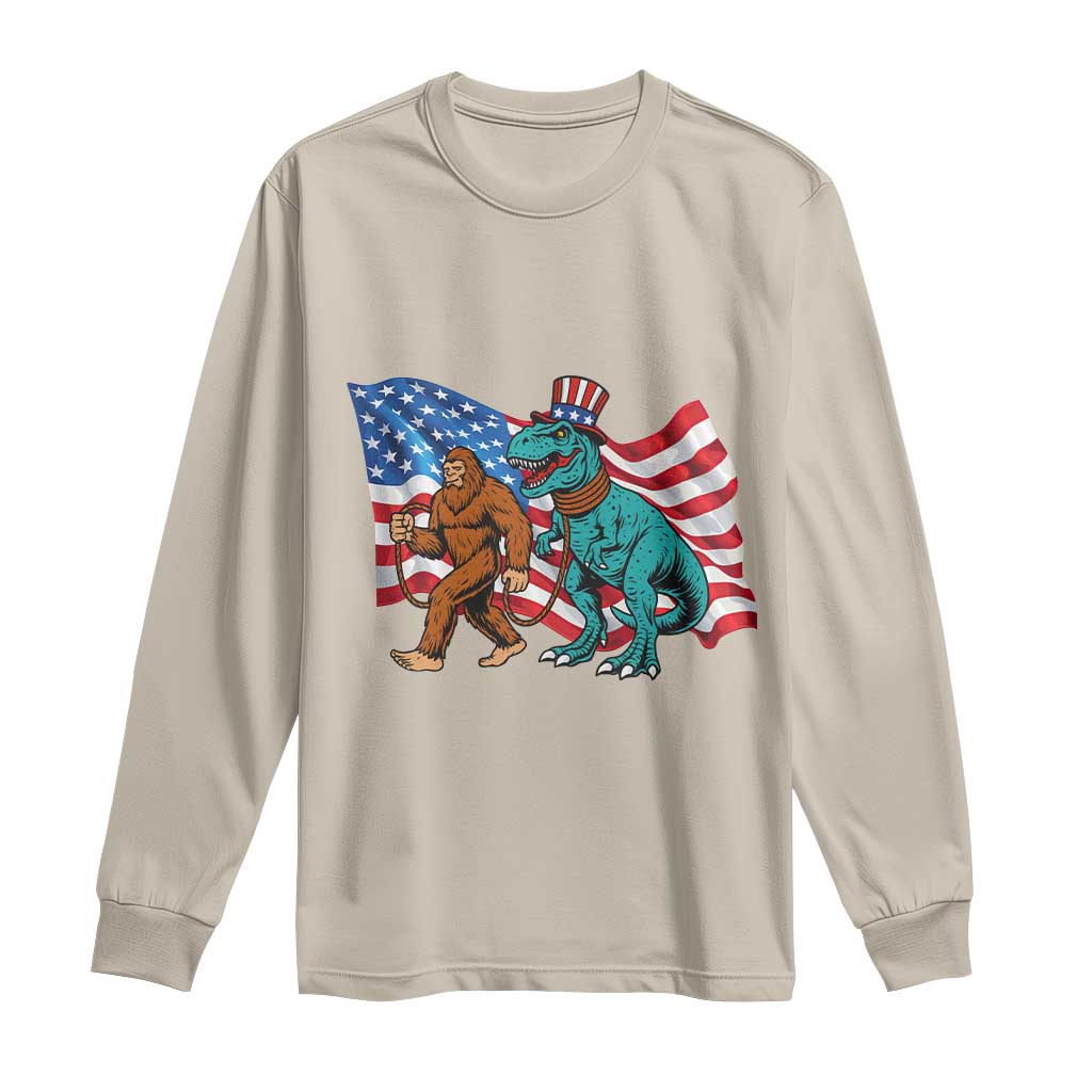 Funny Patriotic Long Sleeve Shirt Bigfoot Walking Dinosaur With USA Flag - Wonder Print Shop