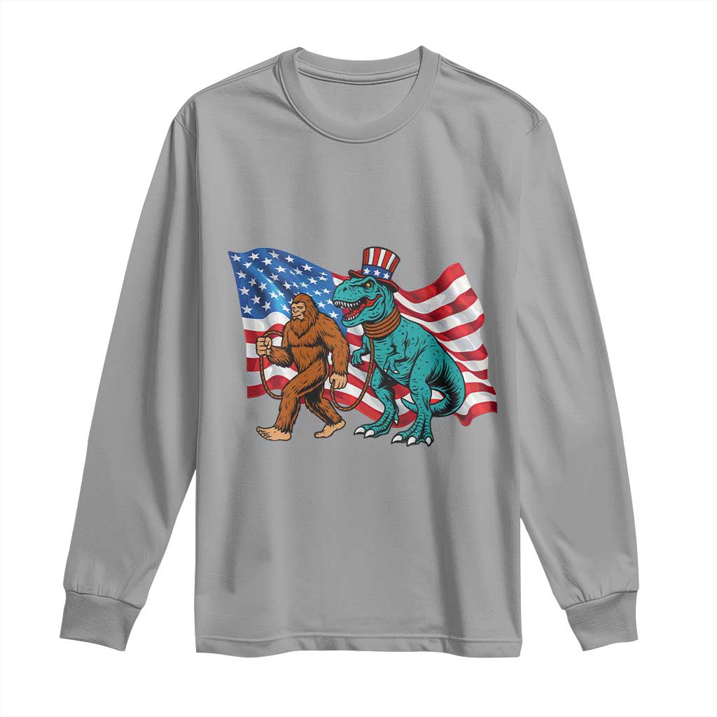 Funny Patriotic Long Sleeve Shirt Bigfoot Walking Dinosaur With USA Flag - Wonder Print Shop