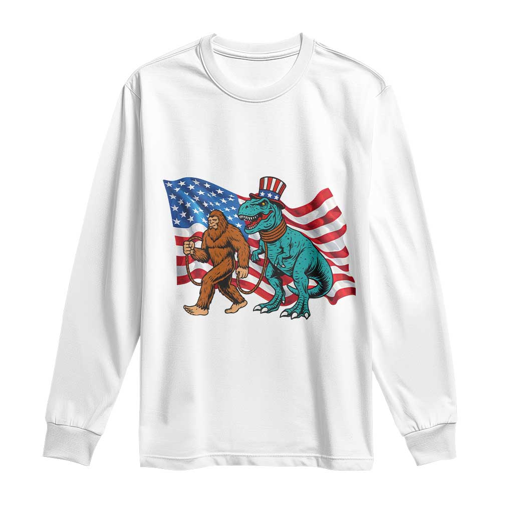 Funny Patriotic Long Sleeve Shirt Bigfoot Walking Dinosaur With USA Flag - Wonder Print Shop