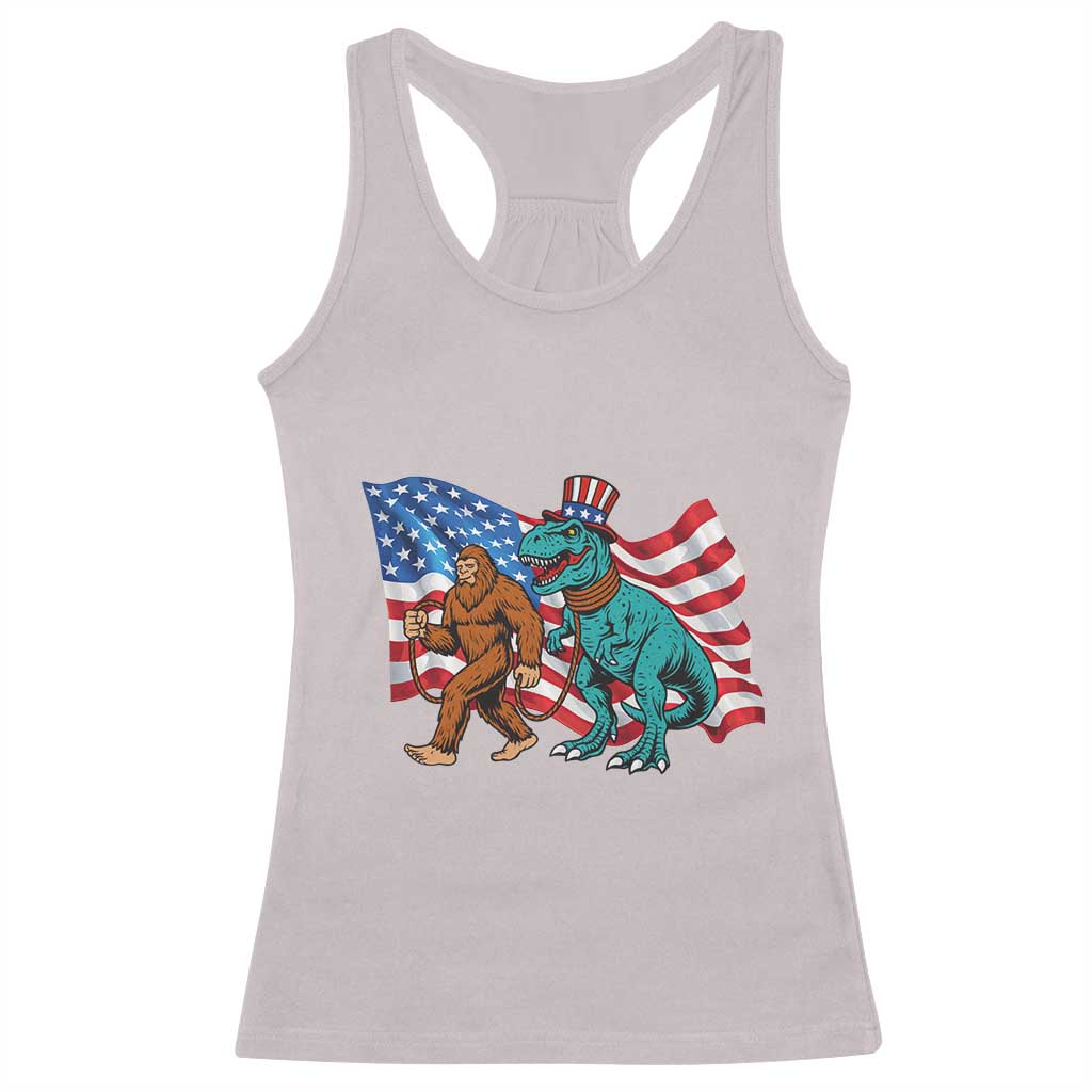 Funny Patriotic Racerback Tank Top Bigfoot Walking Dinosaur With USA Flag - Wonder Print Shop