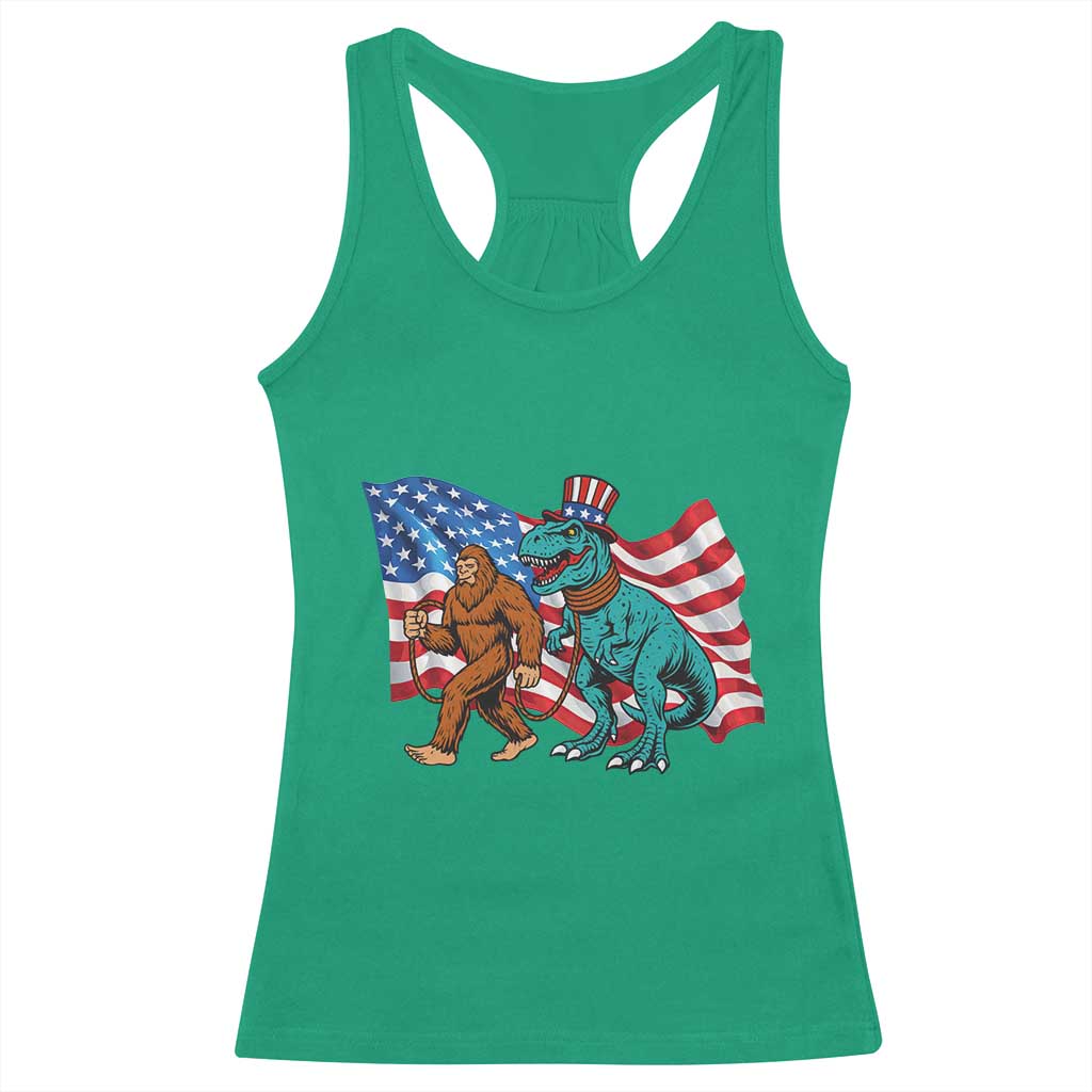 Funny Patriotic Racerback Tank Top Bigfoot Walking Dinosaur With USA Flag - Wonder Print Shop