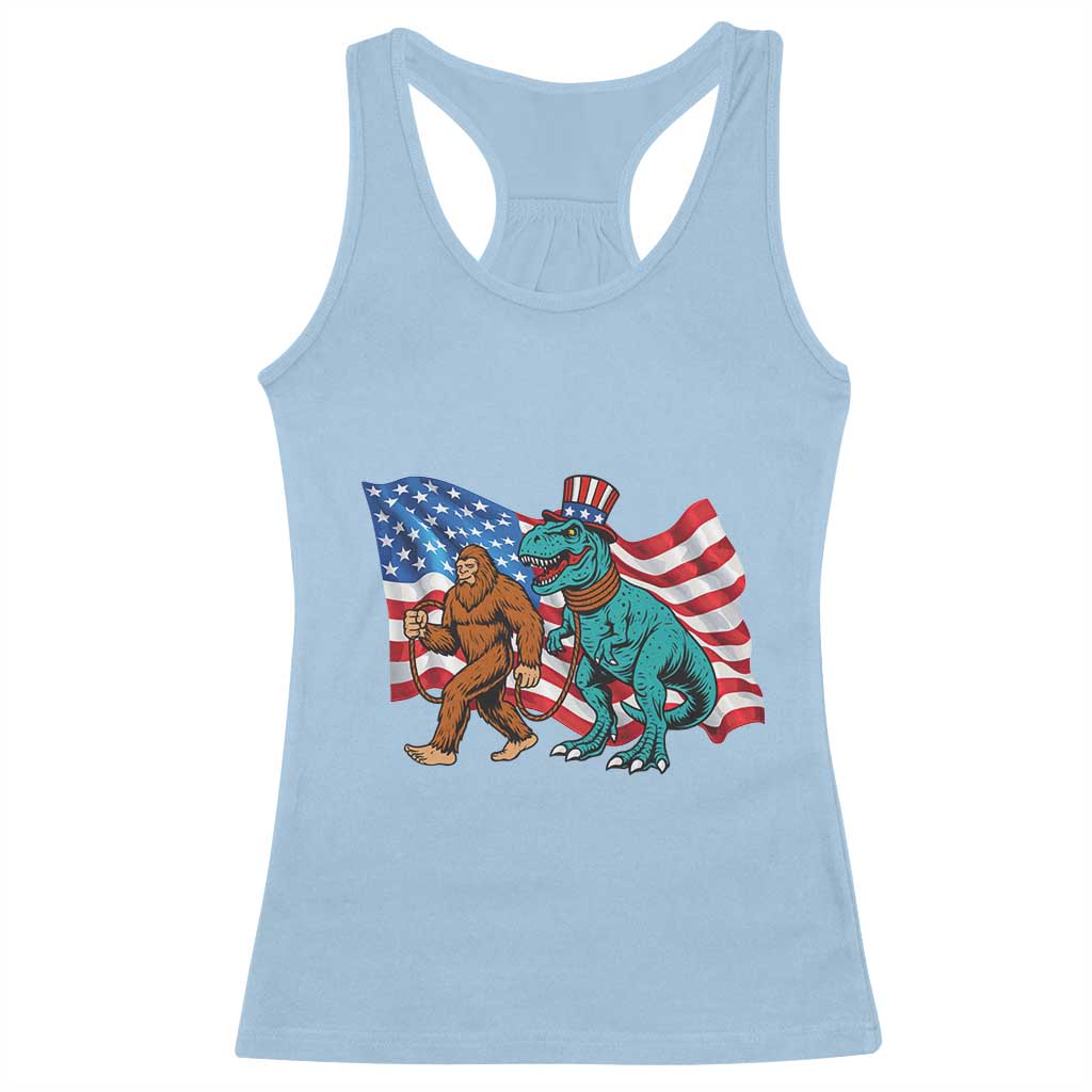 Funny Patriotic Racerback Tank Top Bigfoot Walking Dinosaur With USA Flag - Wonder Print Shop