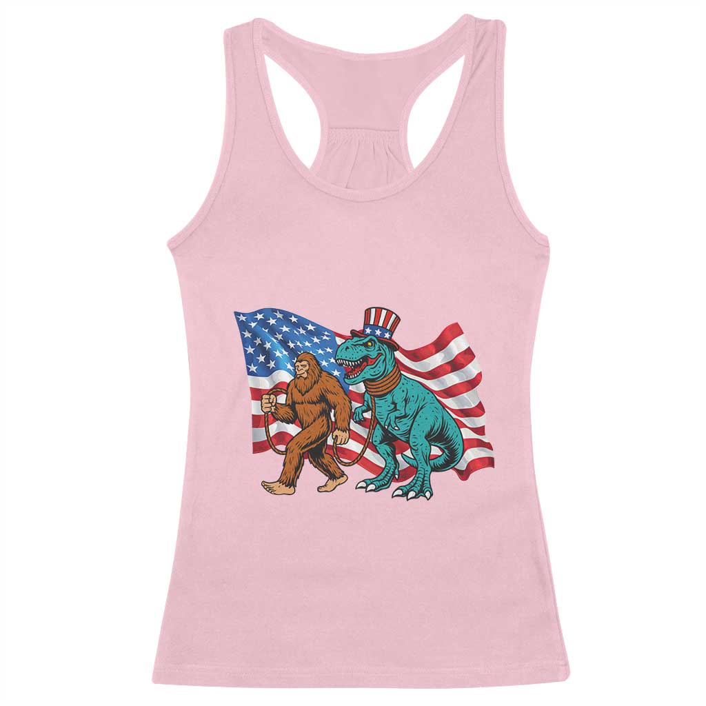 Funny Patriotic Racerback Tank Top Bigfoot Walking Dinosaur With USA Flag - Wonder Print Shop