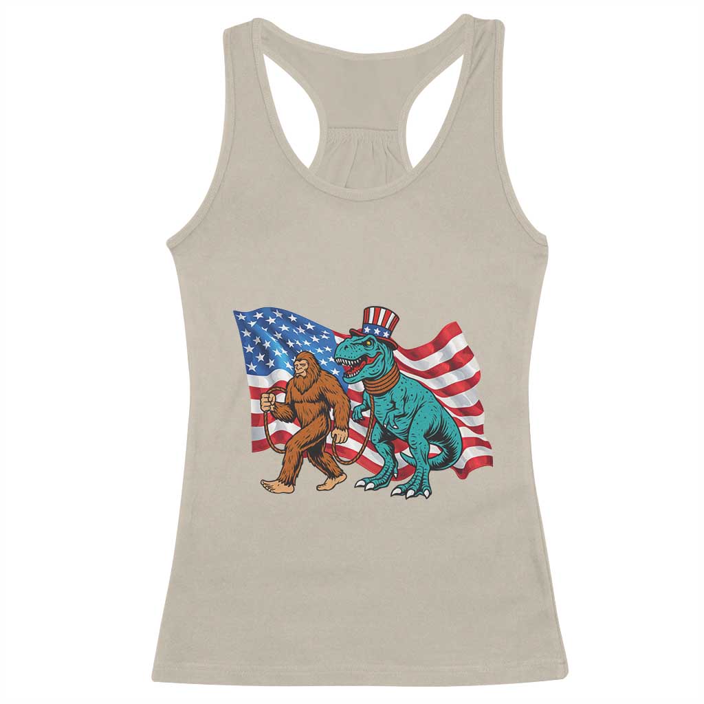 Funny Patriotic Racerback Tank Top Bigfoot Walking Dinosaur With USA Flag - Wonder Print Shop