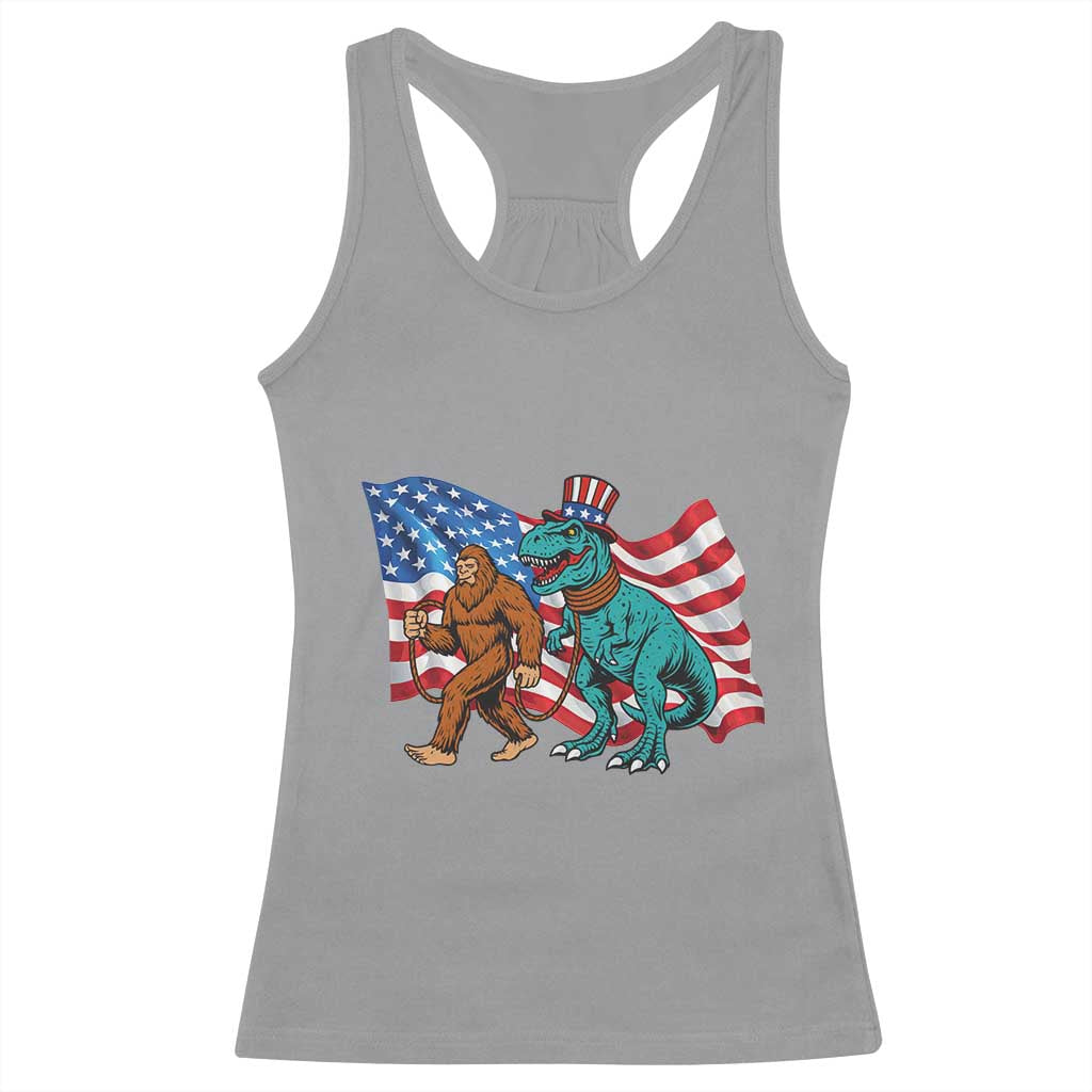 Funny Patriotic Racerback Tank Top Bigfoot Walking Dinosaur With USA Flag - Wonder Print Shop