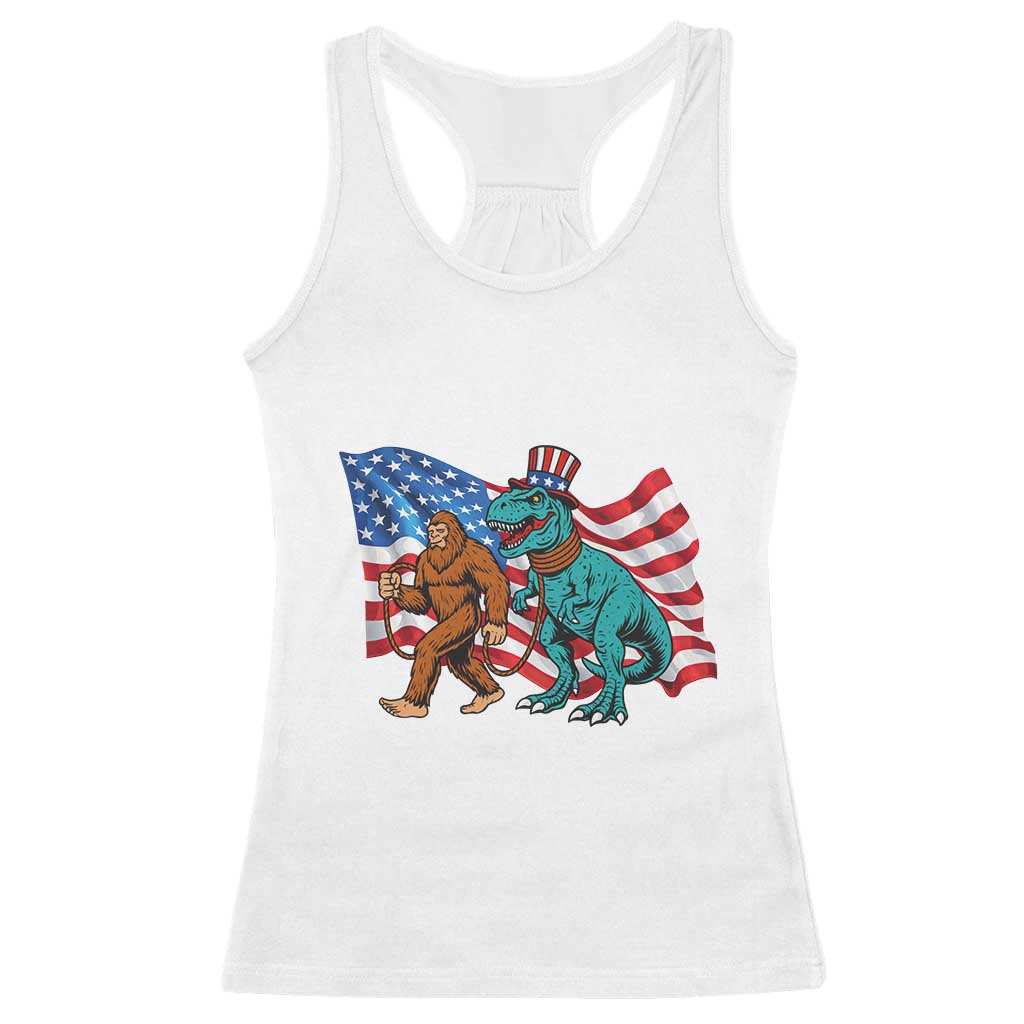 Funny Patriotic Racerback Tank Top Bigfoot Walking Dinosaur With USA Flag - Wonder Print Shop
