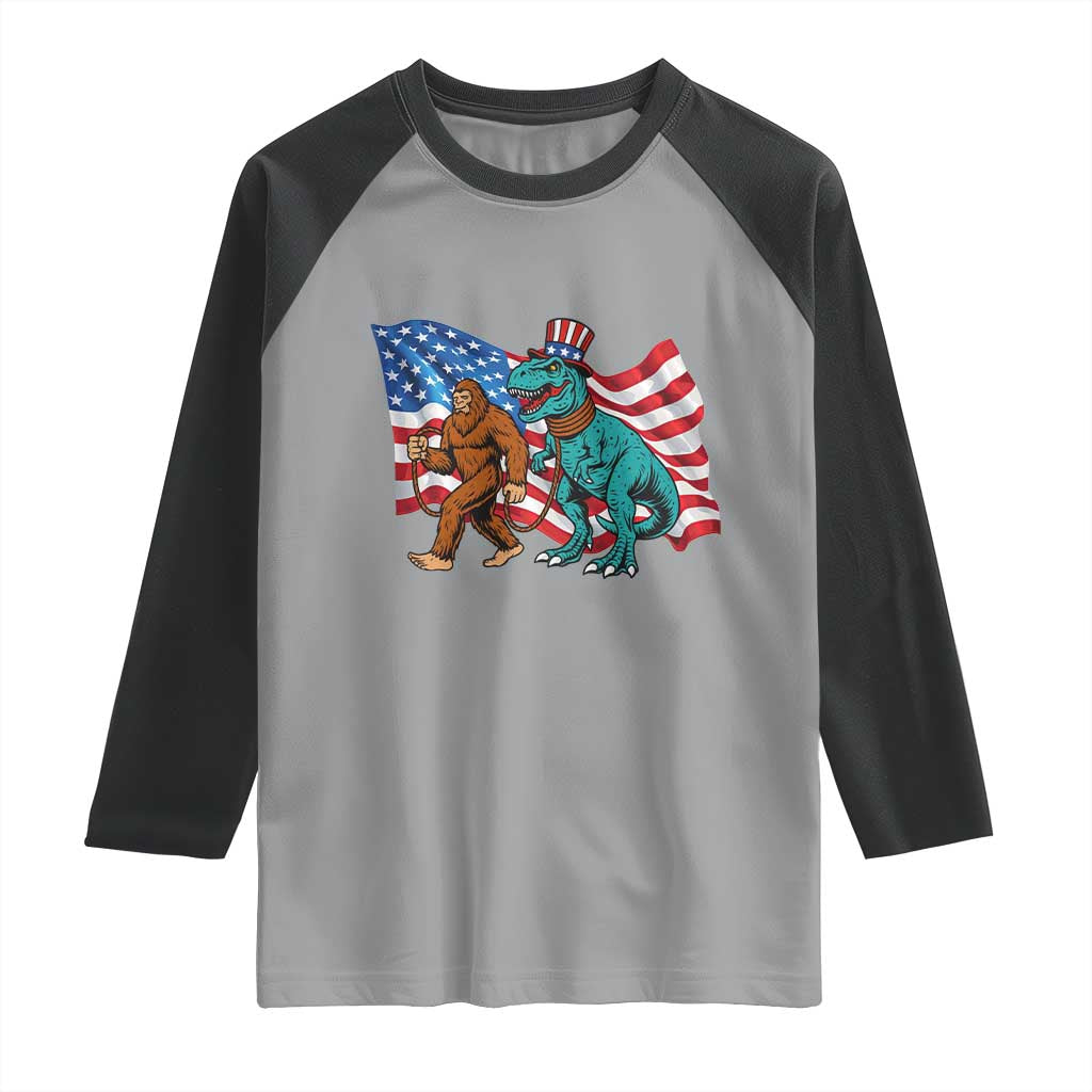 Funny Patriotic Raglan Shirt Bigfoot Walking Dinosaur With USA Flag - Wonder Print Shop