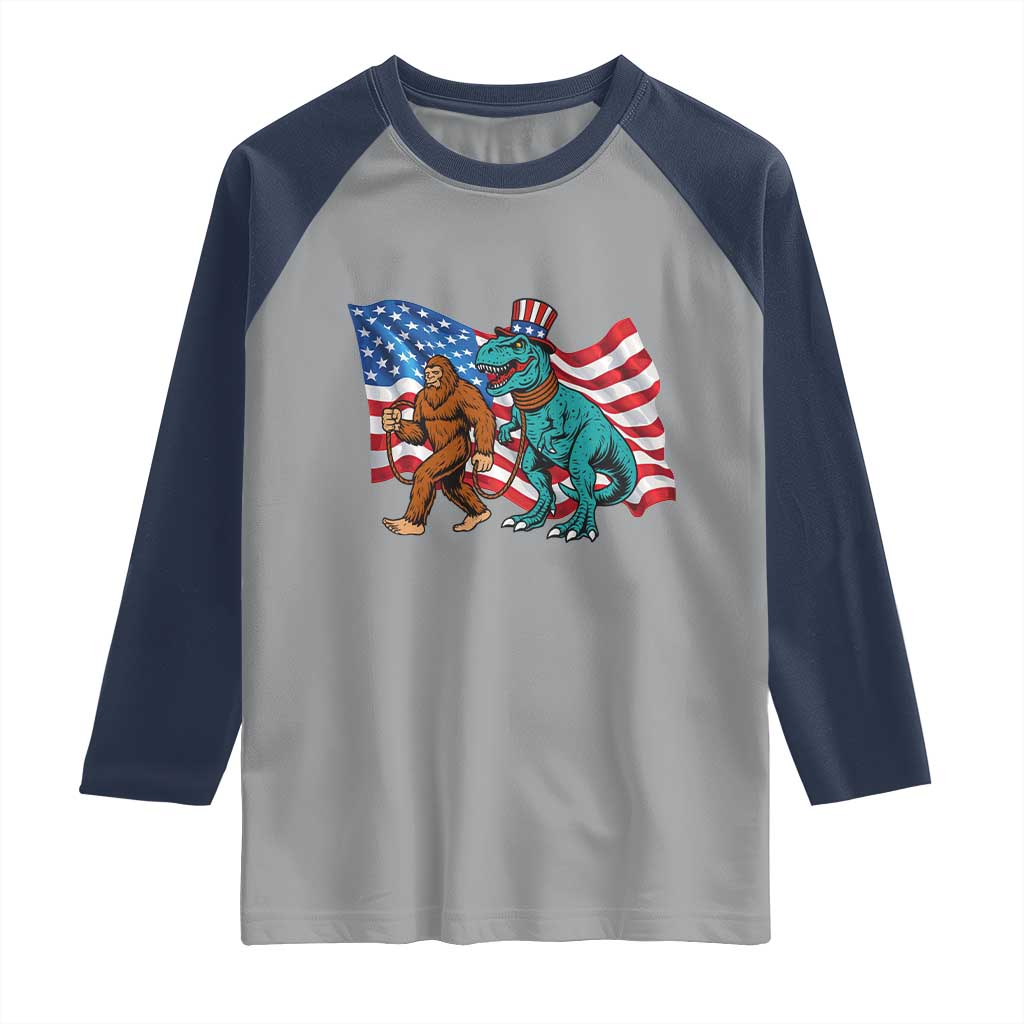 Funny Patriotic Raglan Shirt Bigfoot Walking Dinosaur With USA Flag - Wonder Print Shop