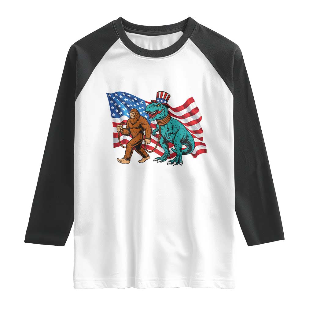 Funny Patriotic Raglan Shirt Bigfoot Walking Dinosaur With USA Flag - Wonder Print Shop