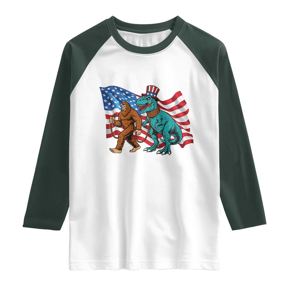 Funny Patriotic Raglan Shirt Bigfoot Walking Dinosaur With USA Flag - Wonder Print Shop