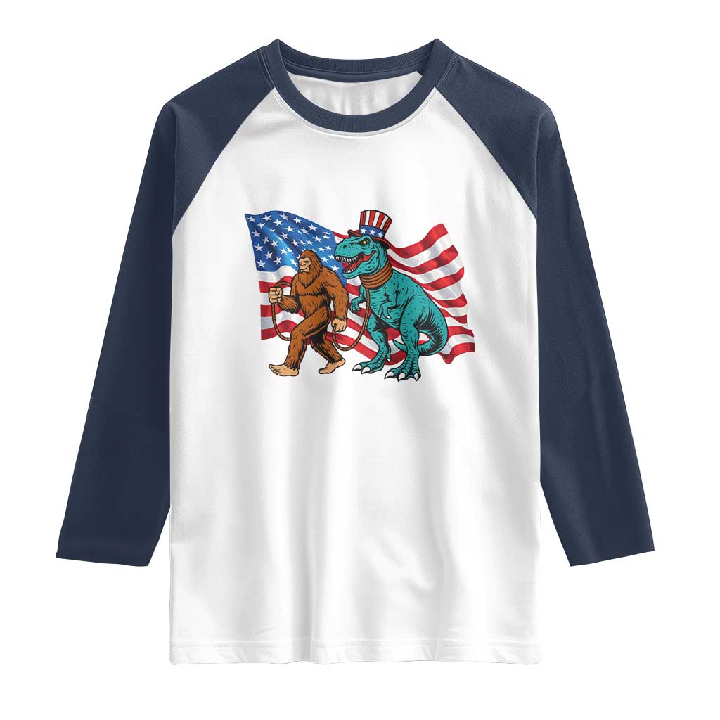 Funny Patriotic Raglan Shirt Bigfoot Walking Dinosaur With USA Flag - Wonder Print Shop