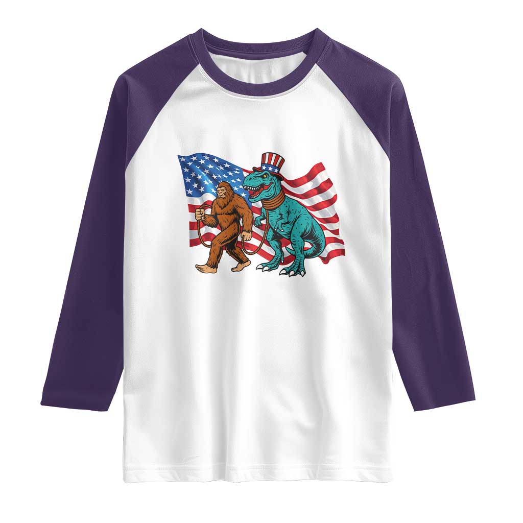 Funny Patriotic Raglan Shirt Bigfoot Walking Dinosaur With USA Flag - Wonder Print Shop
