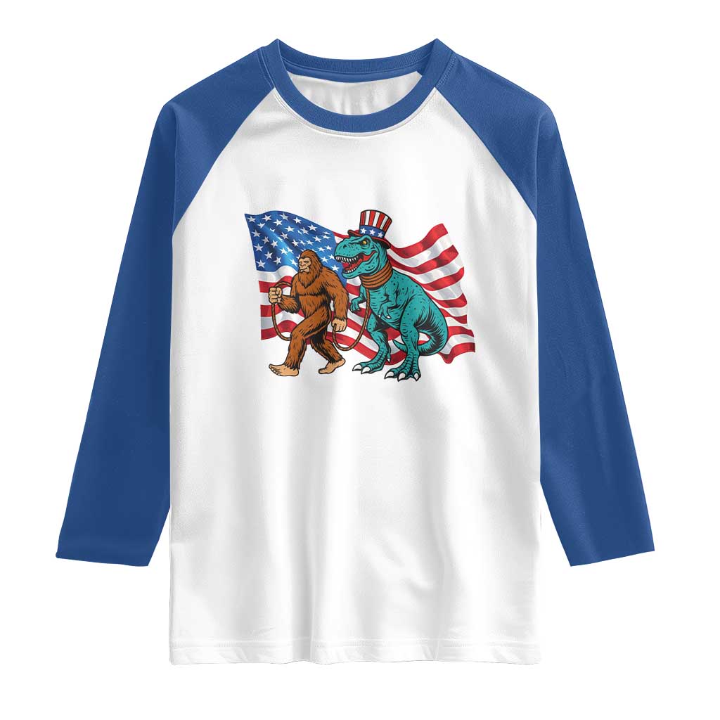 Funny Patriotic Raglan Shirt Bigfoot Walking Dinosaur With USA Flag - Wonder Print Shop