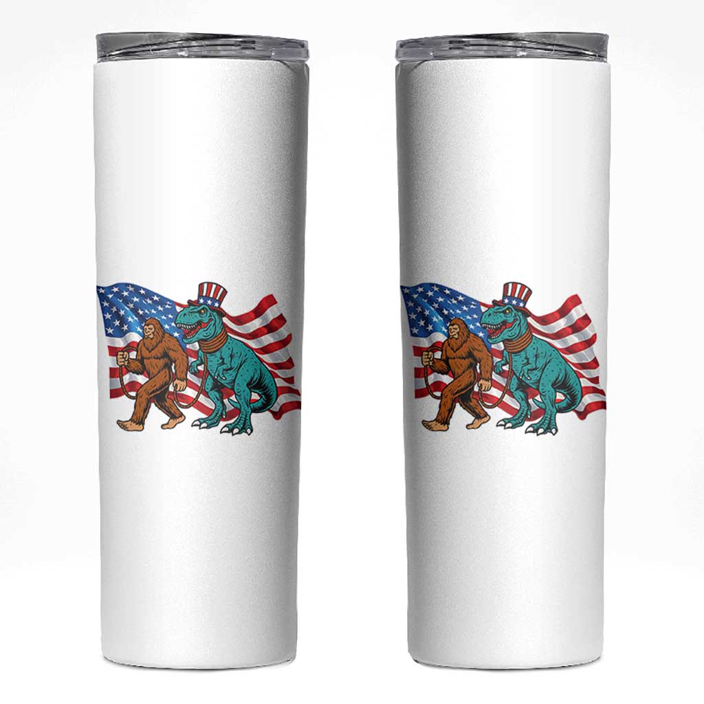 Funny Patriotic Skinny Tumbler Bigfoot Walking Dinosaur With USA Flag