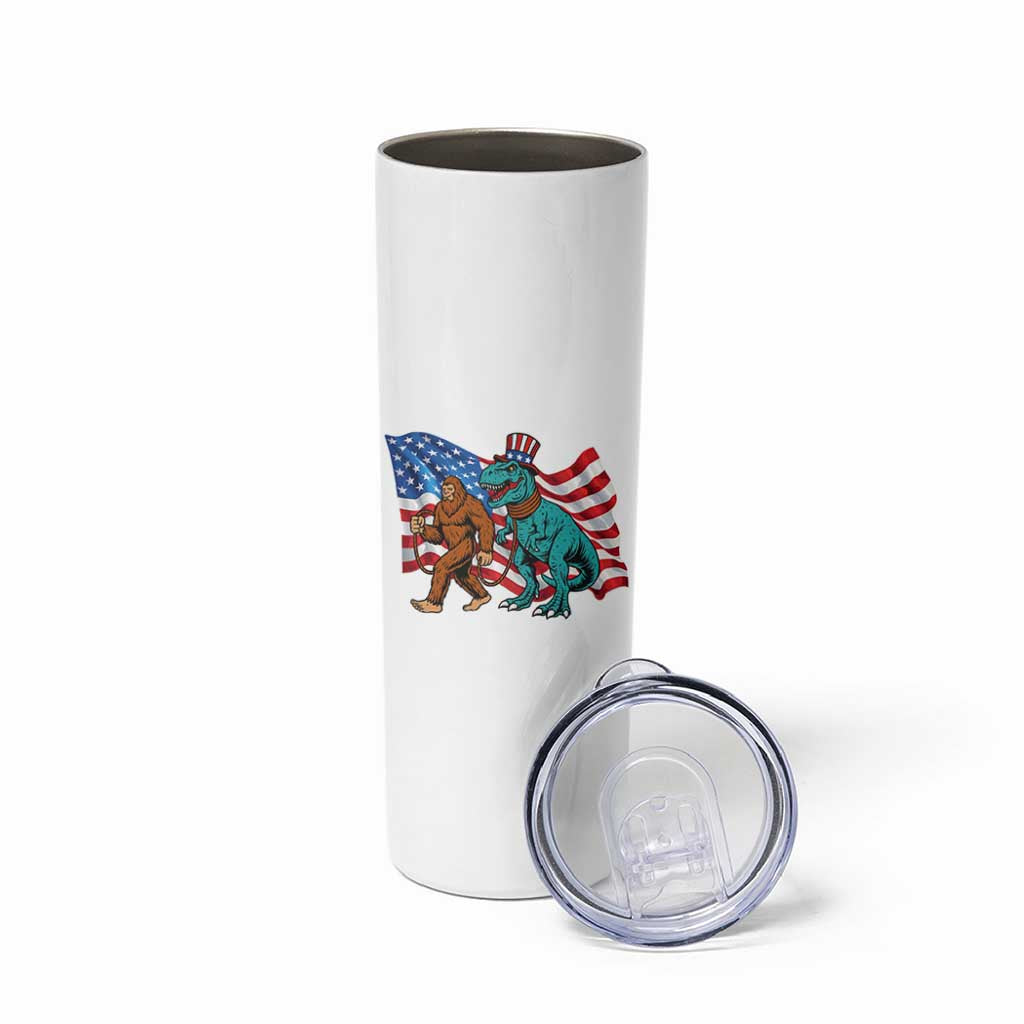 Funny Patriotic Skinny Tumbler Bigfoot Walking Dinosaur With USA Flag