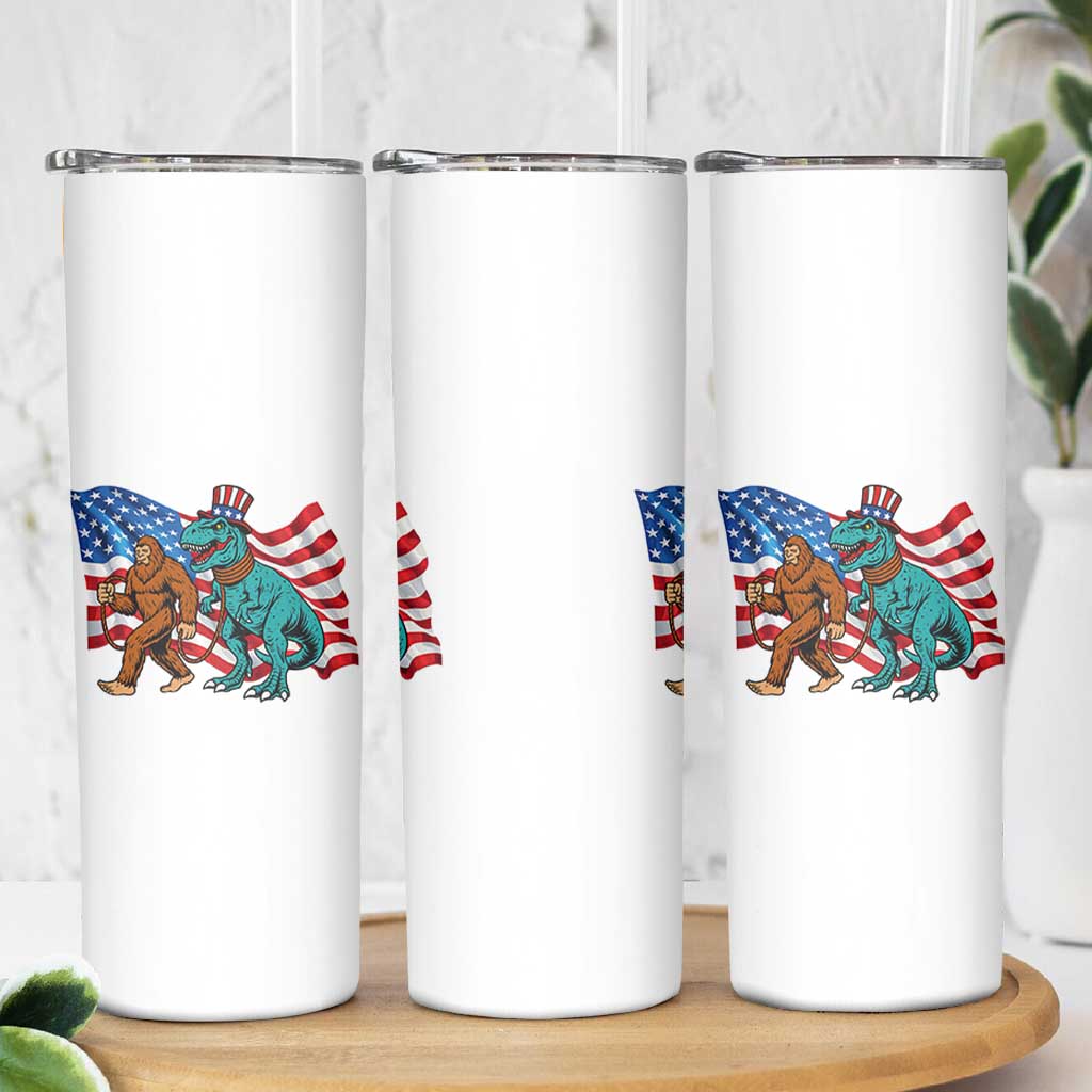 Funny Patriotic Skinny Tumbler Bigfoot Walking Dinosaur With USA Flag