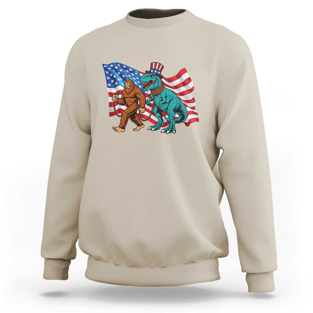 Funny Patriotic Sweatshirt Bigfoot Walking Dinosaur With USA Flag - Wonder Print Shop