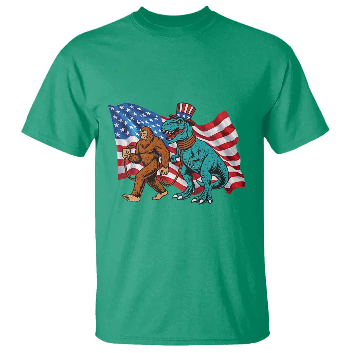 Funny Patriotic T Shirt Bigfoot Walking Dinosaur With USA Flag - Wonder Print Shop