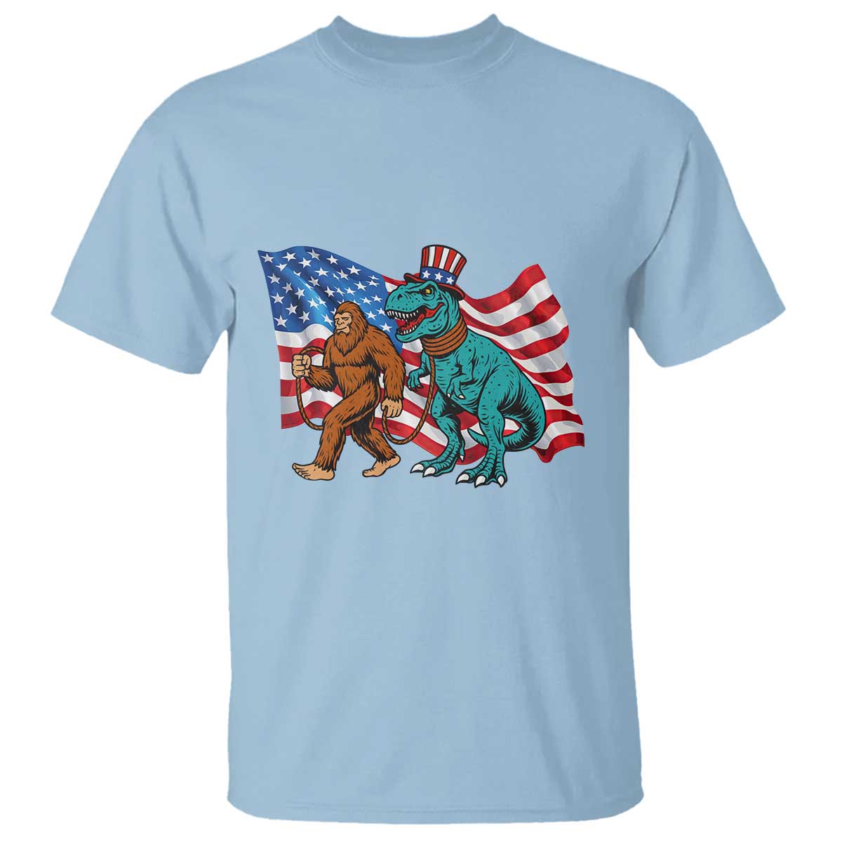 Funny Patriotic T Shirt Bigfoot Walking Dinosaur With USA Flag - Wonder Print Shop