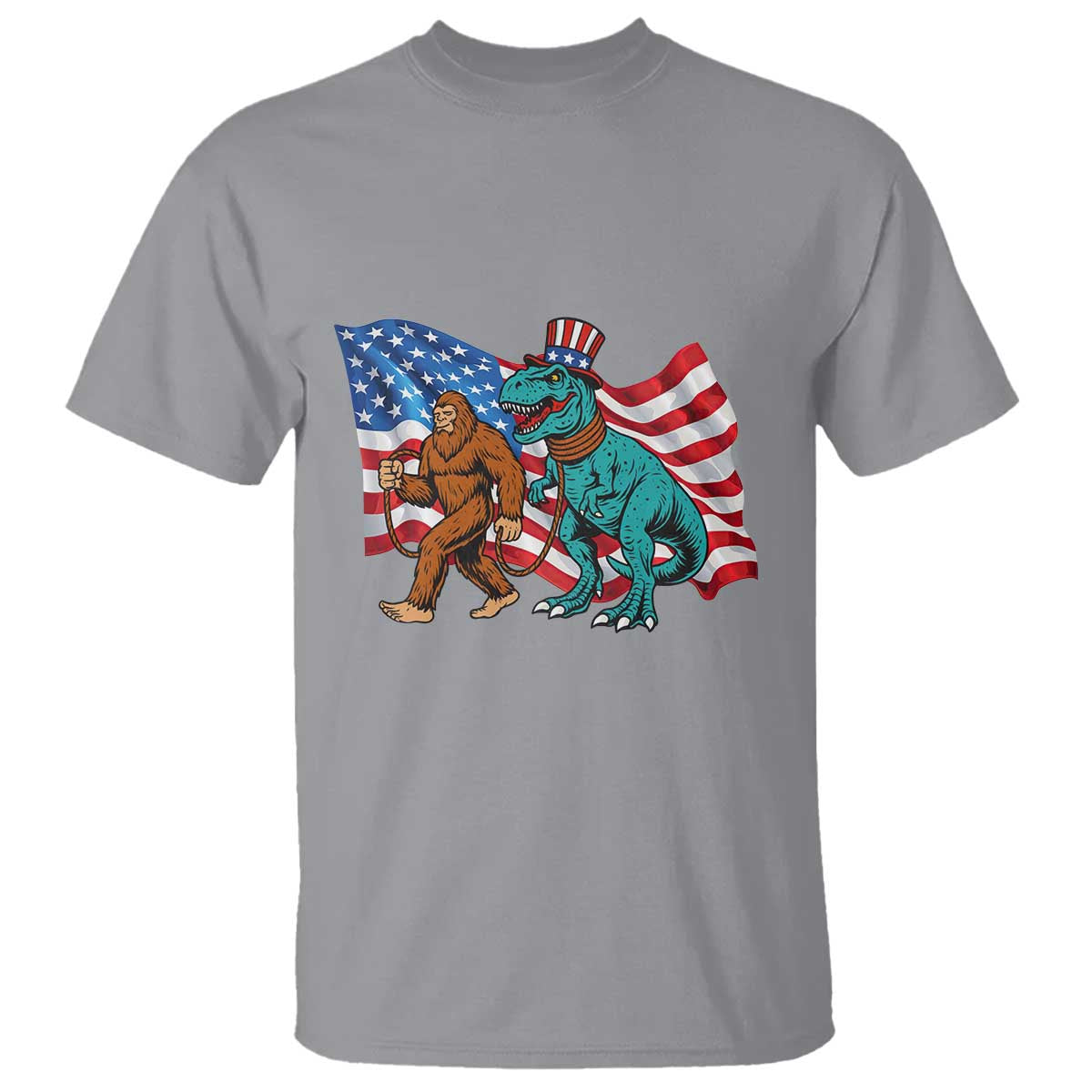 Funny Patriotic T Shirt Bigfoot Walking Dinosaur With USA Flag - Wonder Print Shop