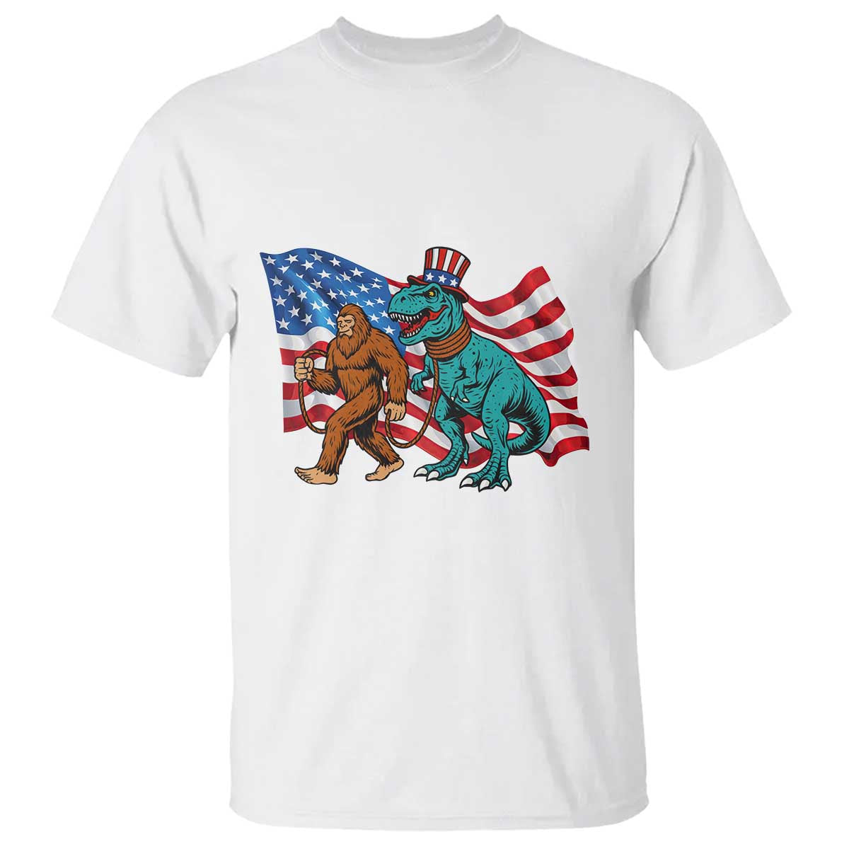 Funny Patriotic T Shirt Bigfoot Walking Dinosaur With USA Flag - Wonder Print Shop