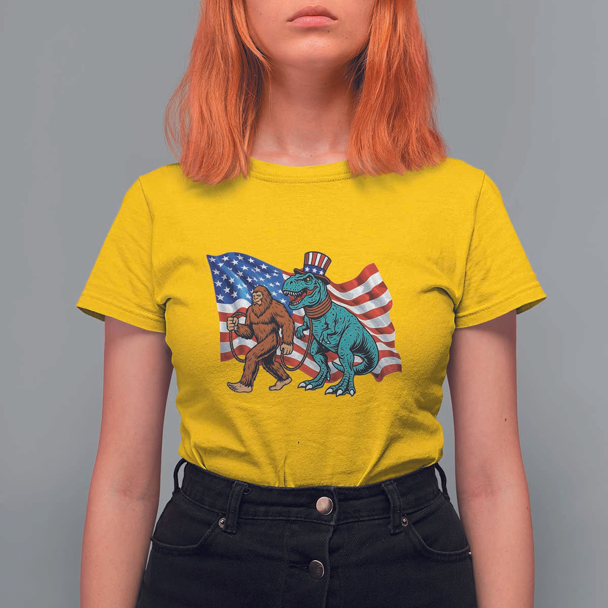 Funny Patriotic T Shirt For Women Bigfoot Walking Dinosaur With USA Flag - Wonder Print Shop