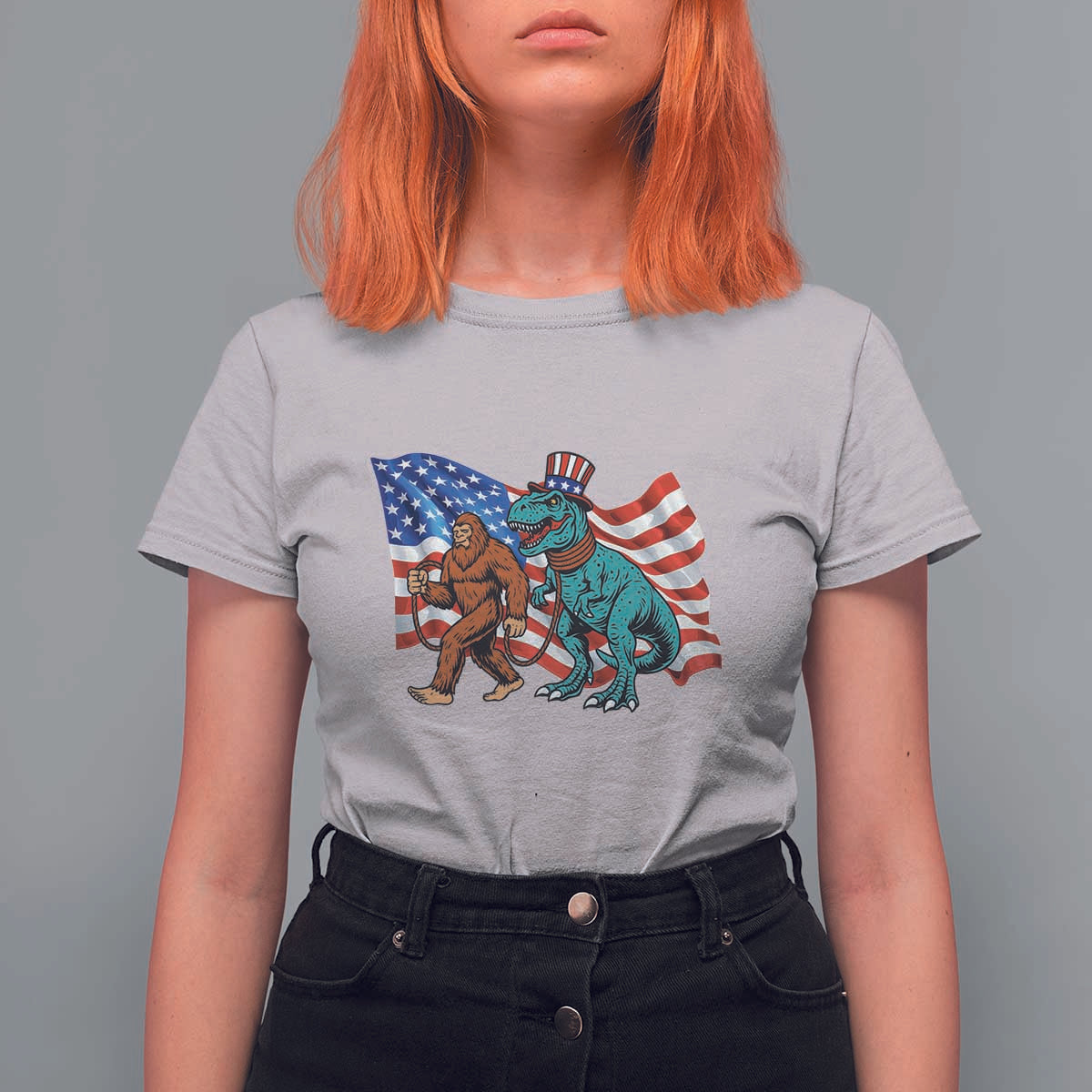 Funny Patriotic T Shirt For Women Bigfoot Walking Dinosaur With USA Flag - Wonder Print Shop