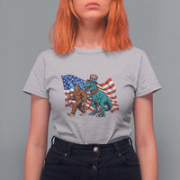Funny Patriotic T Shirt For Women Bigfoot Walking Dinosaur With USA Flag - Wonder Print Shop