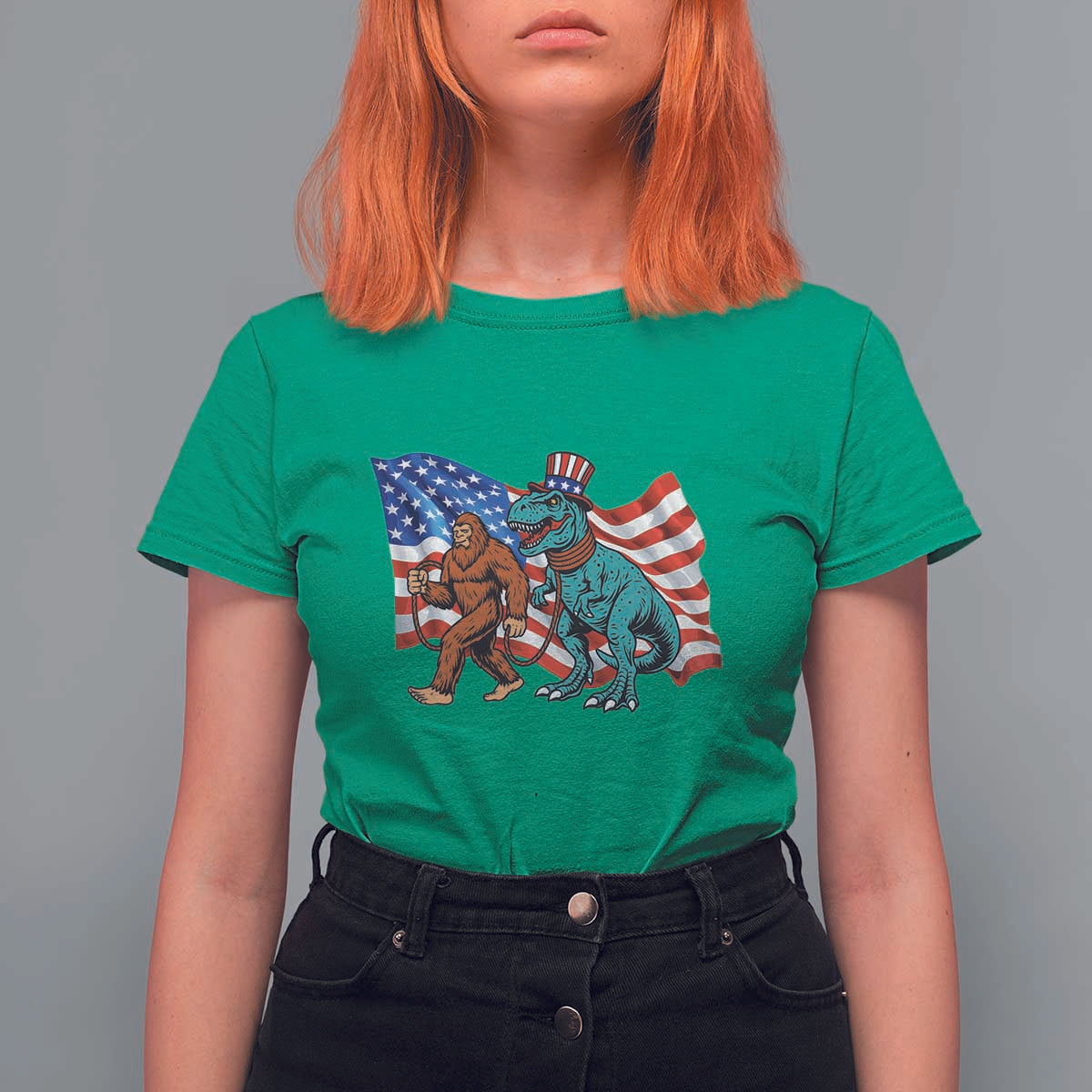 Funny Patriotic T Shirt For Women Bigfoot Walking Dinosaur With USA Flag - Wonder Print Shop