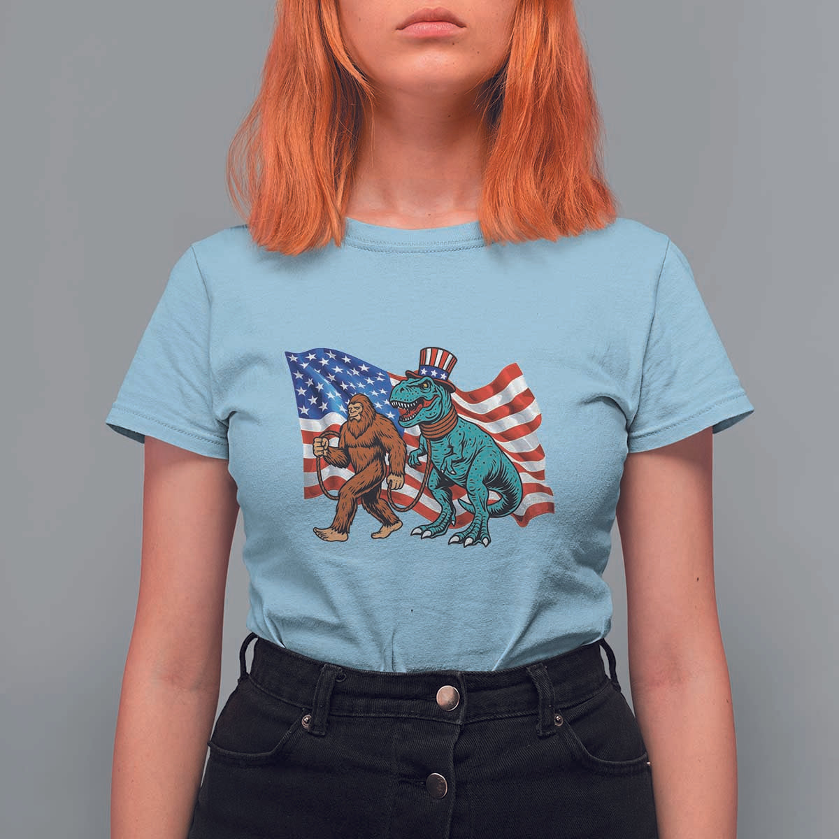 Funny Patriotic T Shirt For Women Bigfoot Walking Dinosaur With USA Flag - Wonder Print Shop