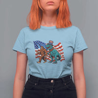 Funny Patriotic T Shirt For Women Bigfoot Walking Dinosaur With USA Flag - Wonder Print Shop