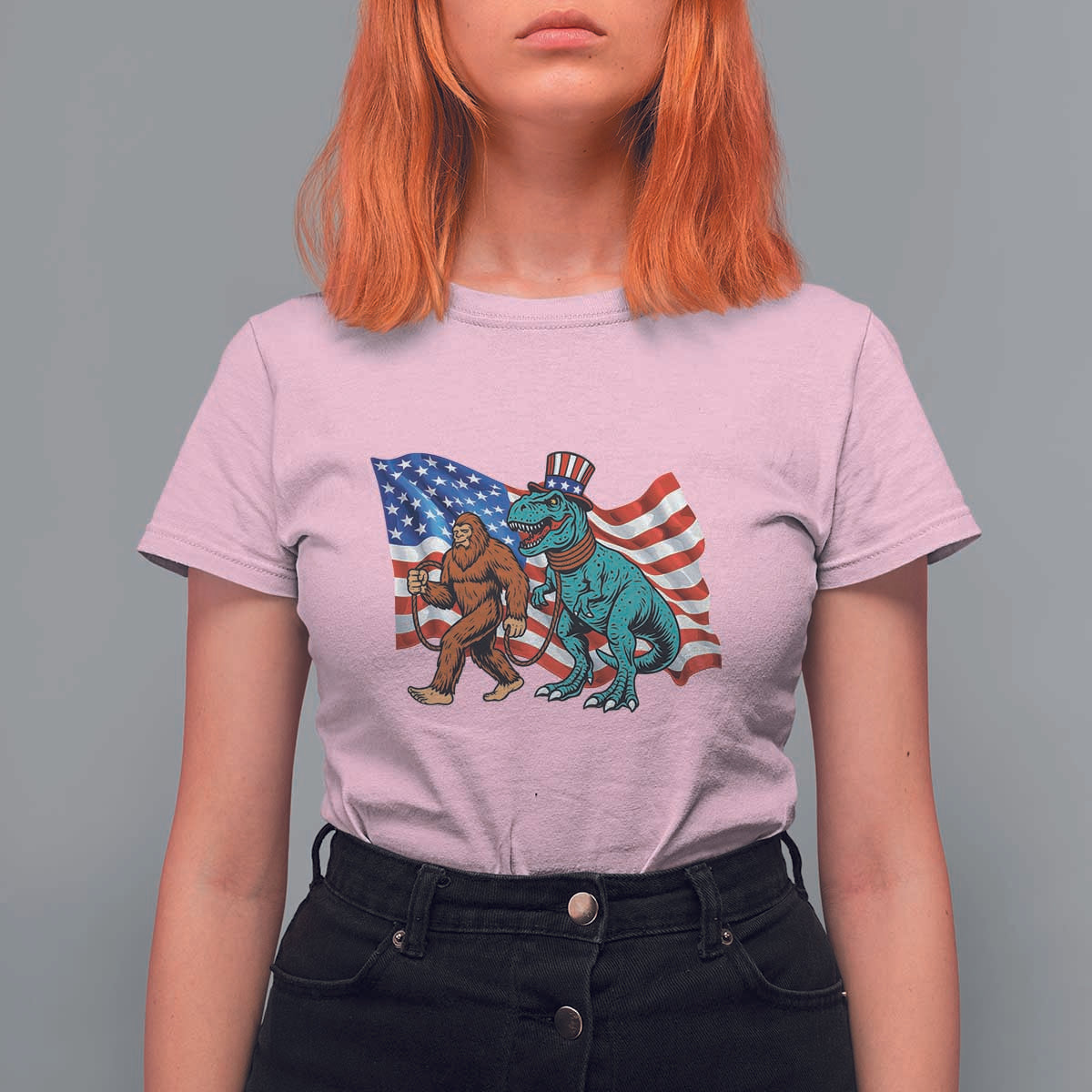 Funny Patriotic T Shirt For Women Bigfoot Walking Dinosaur With USA Flag - Wonder Print Shop