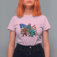 Funny Patriotic T Shirt For Women Bigfoot Walking Dinosaur With USA Flag - Wonder Print Shop