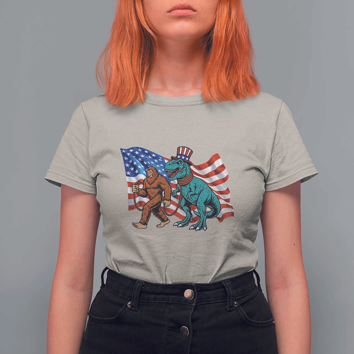 Funny Patriotic T Shirt For Women Bigfoot Walking Dinosaur With USA Flag - Wonder Print Shop