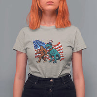 Funny Patriotic T Shirt For Women Bigfoot Walking Dinosaur With USA Flag - Wonder Print Shop