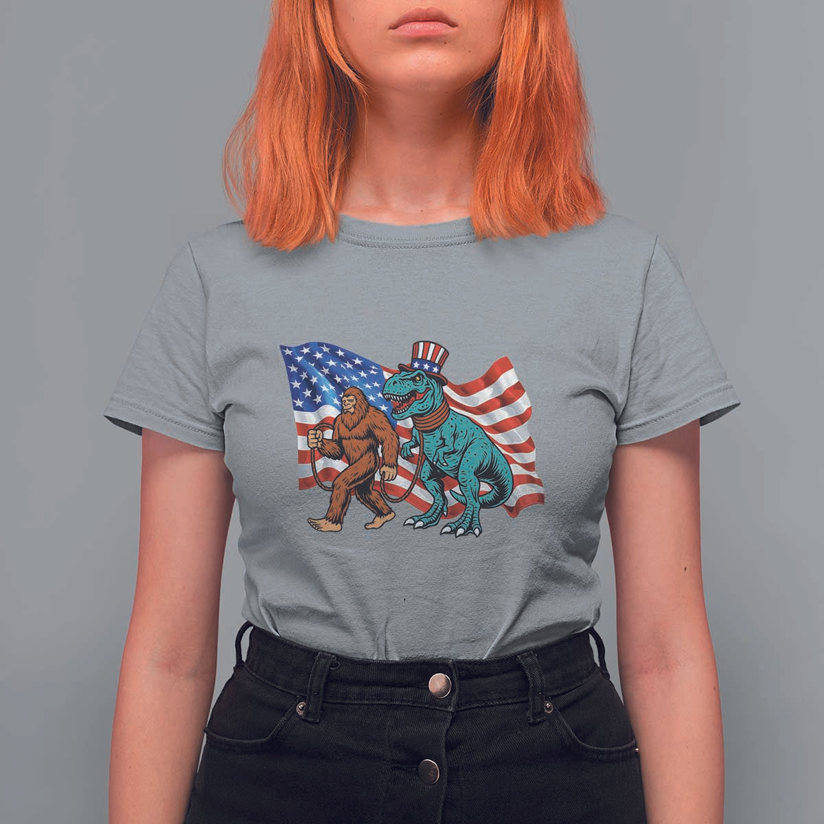 Funny Patriotic T Shirt For Women Bigfoot Walking Dinosaur With USA Flag - Wonder Print Shop