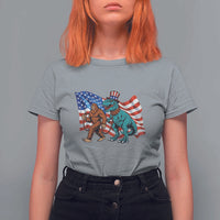 Funny Patriotic T Shirt For Women Bigfoot Walking Dinosaur With USA Flag - Wonder Print Shop