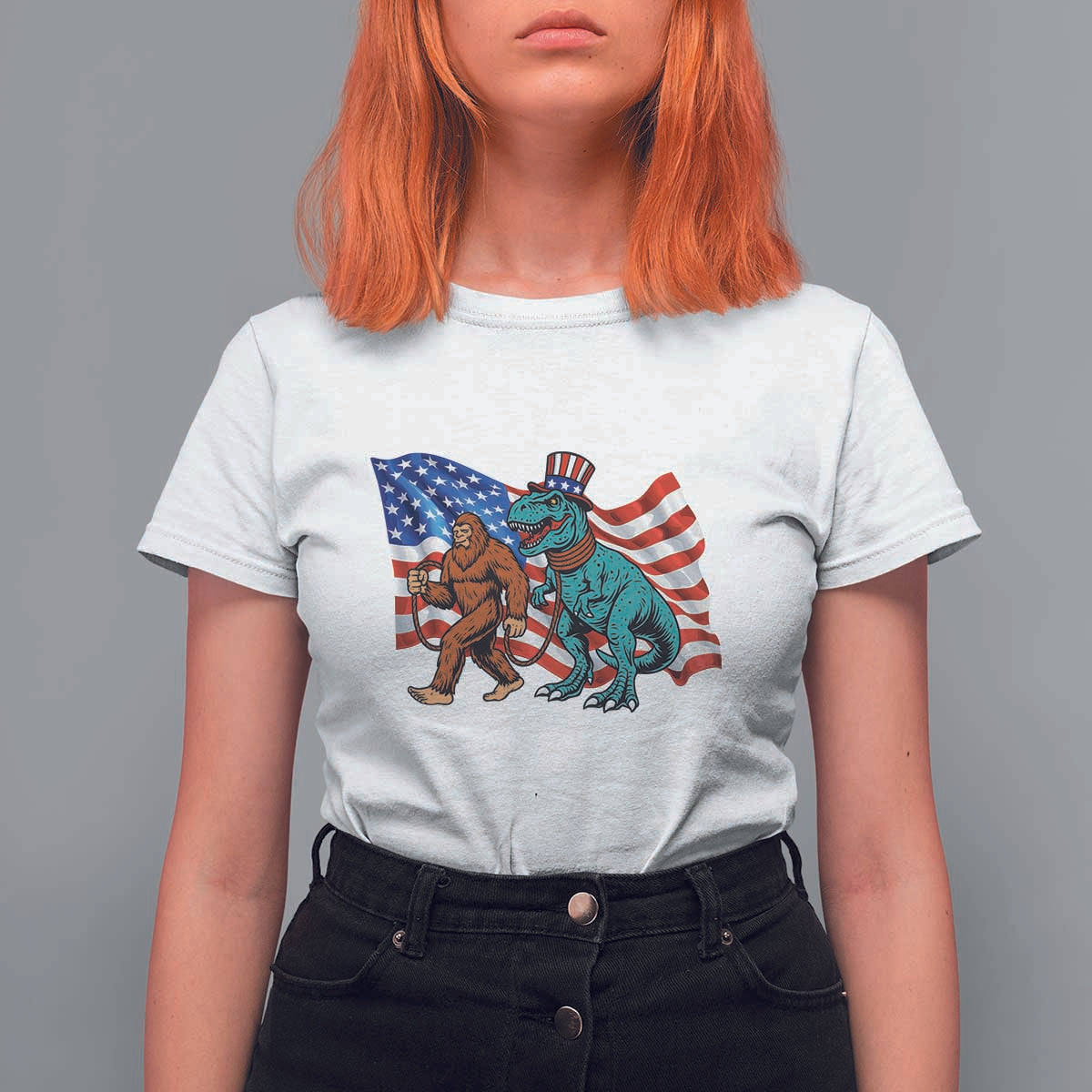 Funny Patriotic T Shirt For Women Bigfoot Walking Dinosaur With USA Flag - Wonder Print Shop