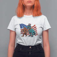 Funny Patriotic T Shirt For Women Bigfoot Walking Dinosaur With USA Flag - Wonder Print Shop