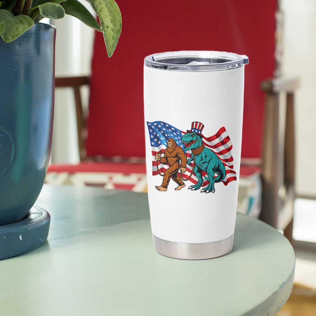 Funny Patriotic Tumbler Cup Bigfoot Walking Dinosaur With USA Flag