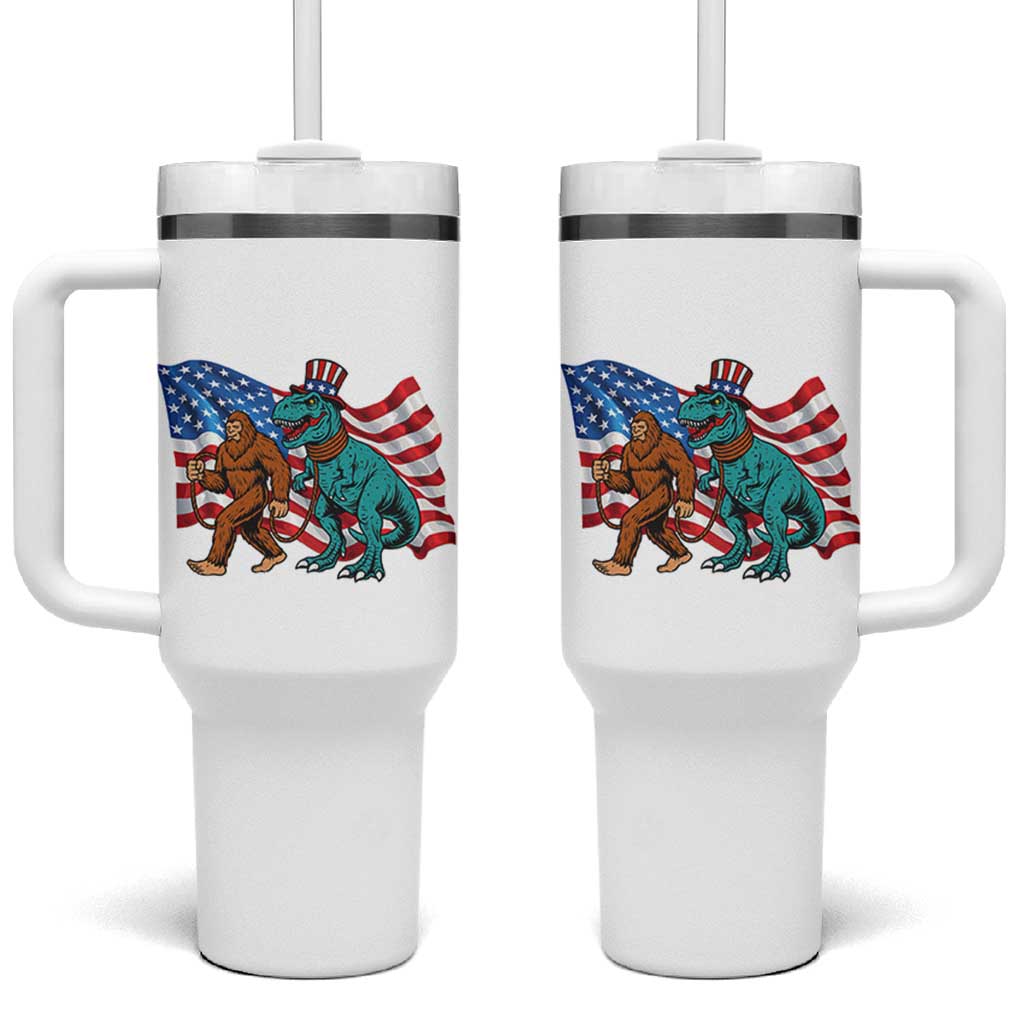 Funny Patriotic Tumbler With Handle Bigfoot Walking Dinosaur With USA Flag