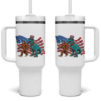 Funny Patriotic Tumbler With Handle Bigfoot Walking Dinosaur With USA Flag