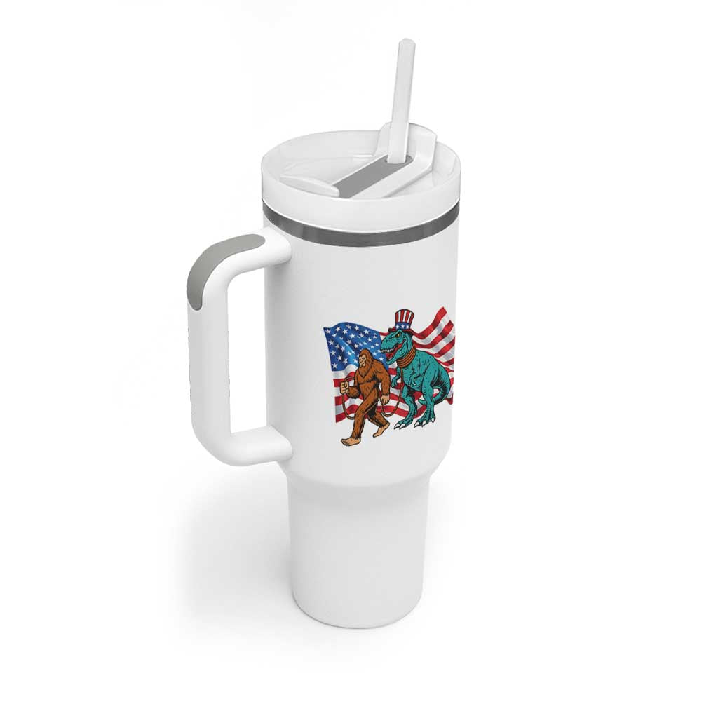 Funny Patriotic Tumbler With Handle Bigfoot Walking Dinosaur With USA Flag