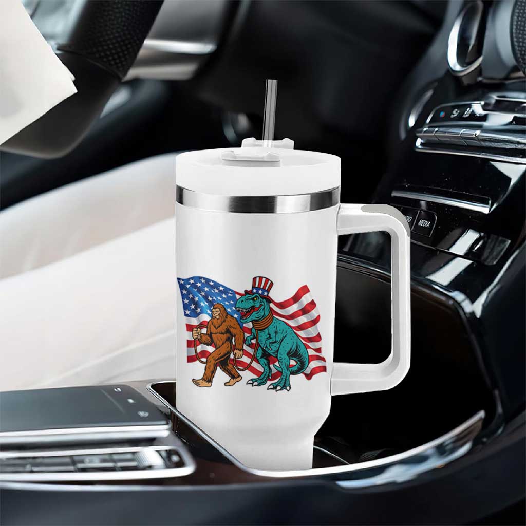 Funny Patriotic Tumbler With Handle Bigfoot Walking Dinosaur With USA Flag