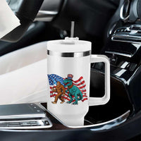 Funny Patriotic Tumbler With Handle Bigfoot Walking Dinosaur With USA Flag