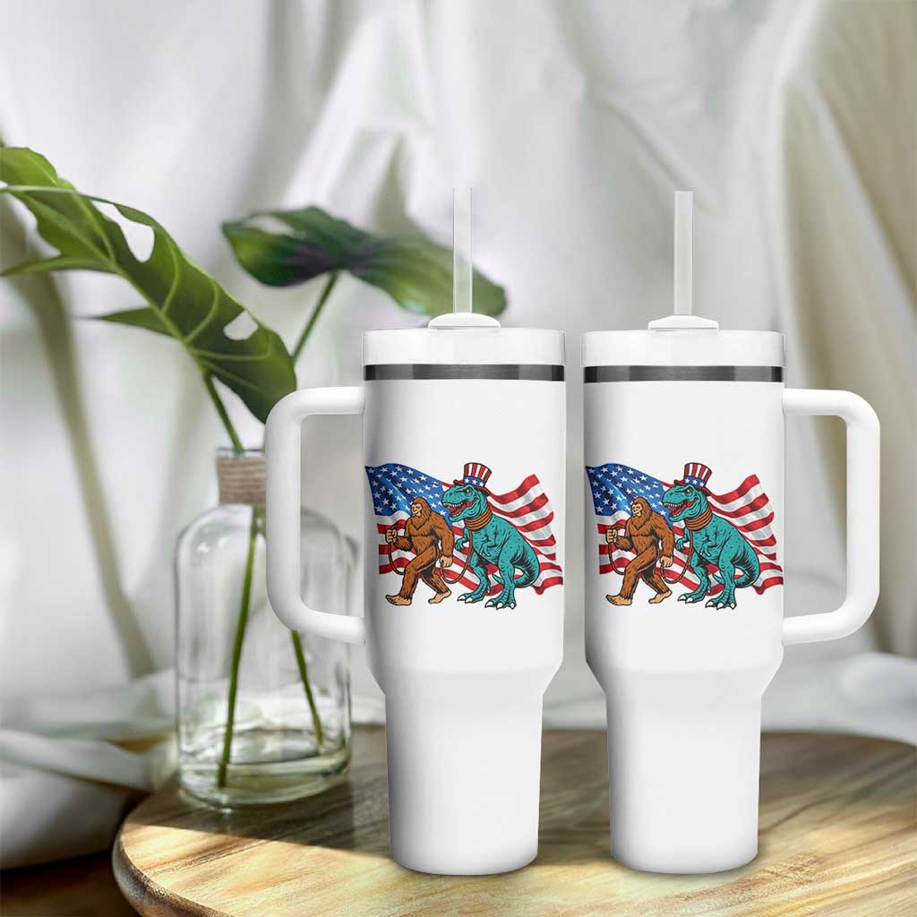 Funny Patriotic Tumbler With Handle Bigfoot Walking Dinosaur With USA Flag